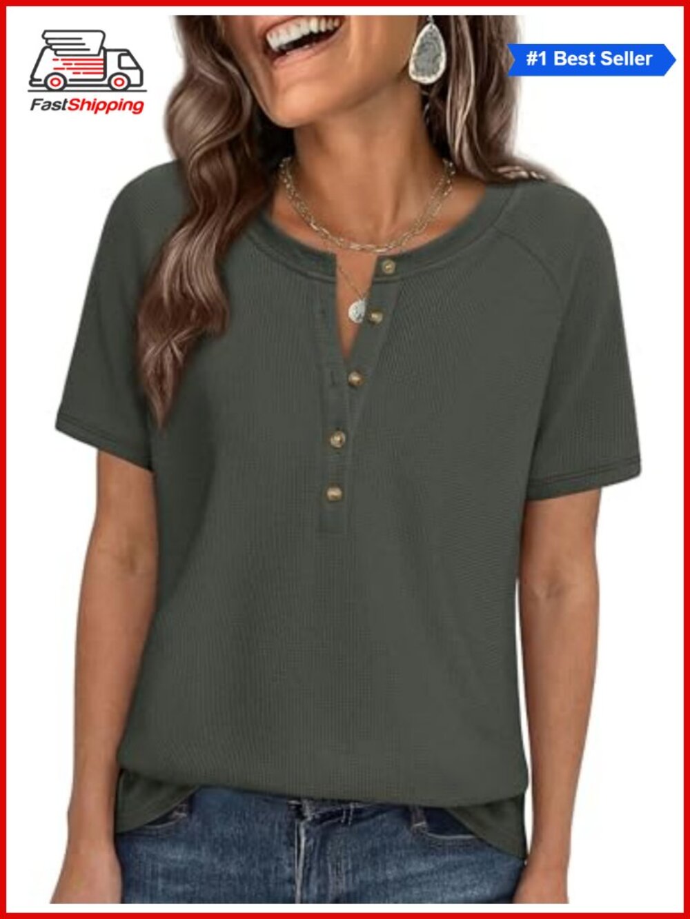 ✨ PRETTYGARDEN Waffle Knit Henley Short Sleeve Top Casual T-Shirt